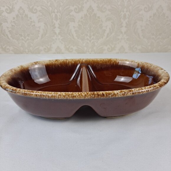 Hull Pottery Brown Drip Glazed Divided Dish made In USA Oven Proof Vintage - Picture 2 of 8